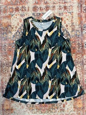 Tropical Leaf Print Sleeveless Tunic Tank Top Large NWT